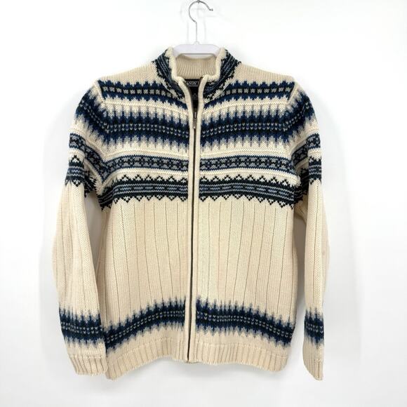 Vintage Lands End Wool Sweater Women's Medium Blue Fair Isle Nordic Zip Cardigan - Picture 8 of 8